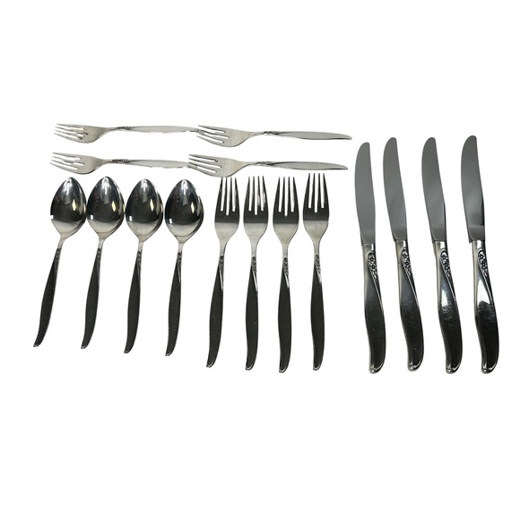 Vintage Stainless Steel Flatware Set Service For 4 Dinner Spoons Forks Knives - Picture 1 of 8